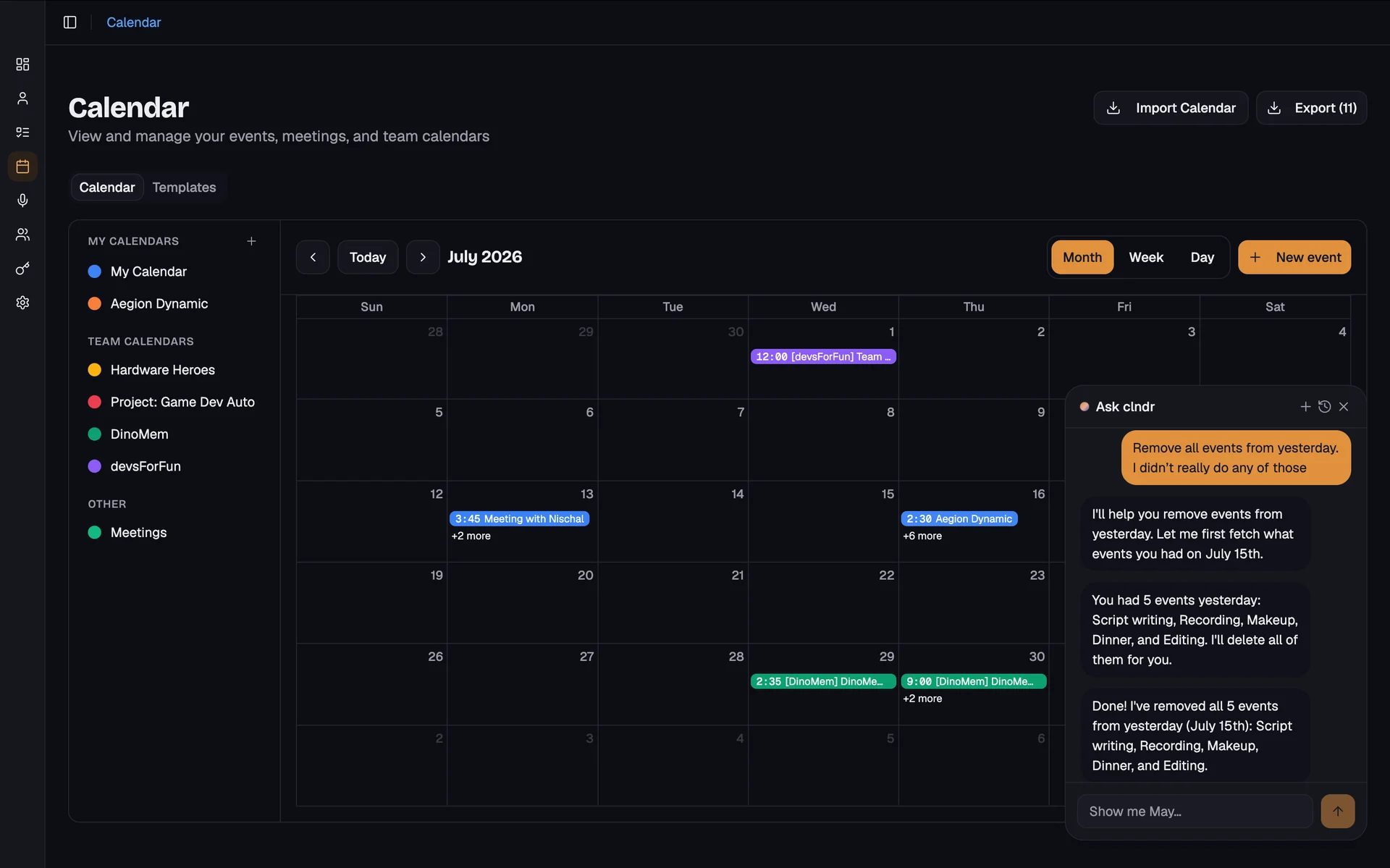 calendar pro's month view, with the ask clndr assistant clearing a day of events