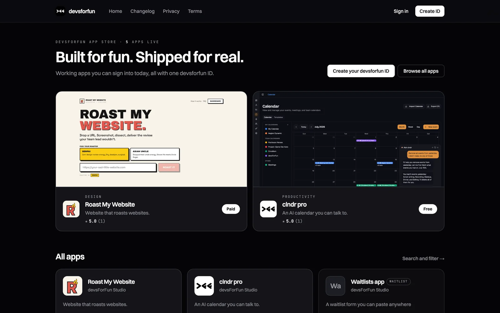 the devsforfun app store, where every app signs in with one devsforfun id