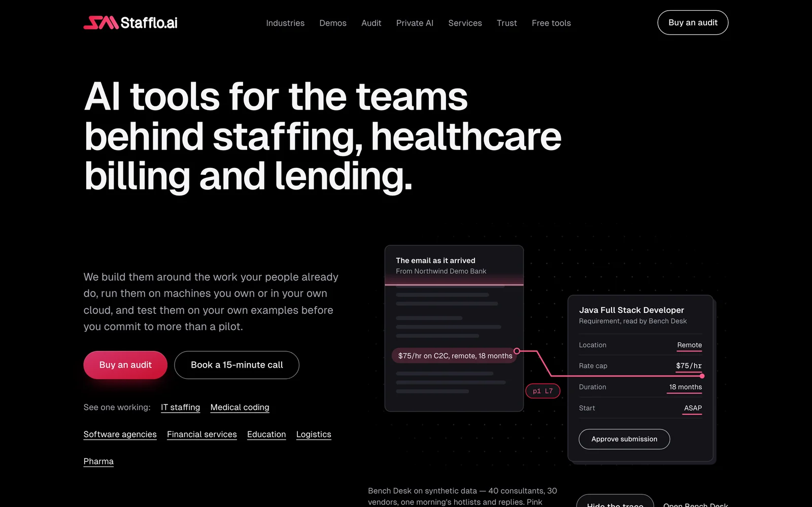 the stafflo homepage, with bench desk reading a vendor requirement out of an email